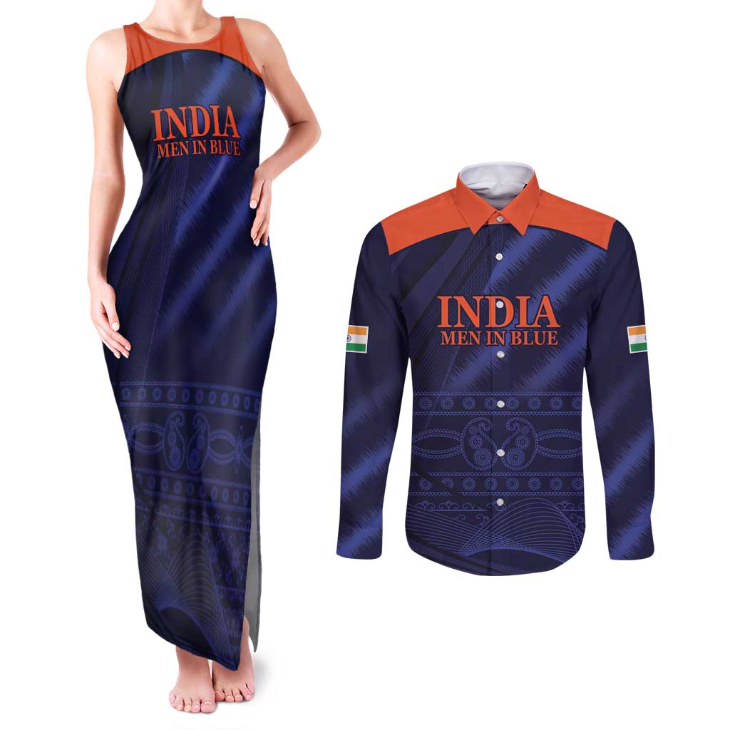 Custom India Cricket Couples Matching Tank Maxi Dress and Long Sleeve Button Shirt Go Men In Blue Sporty Version