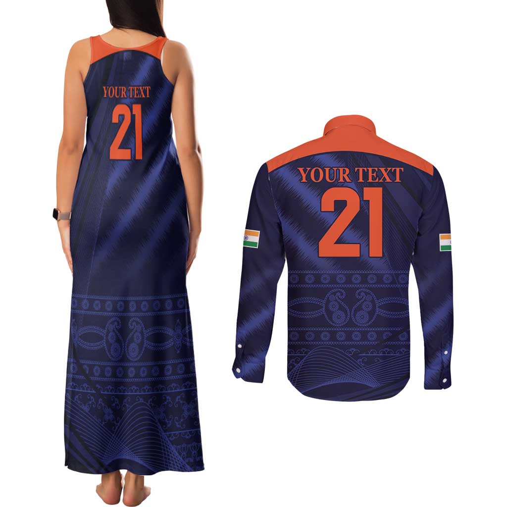 Custom India Cricket Couples Matching Tank Maxi Dress and Long Sleeve Button Shirt Go Men In Blue Sporty Version