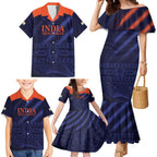 Custom India Cricket Family Matching Mermaid Dress and Hawaiian Shirt Go Men In Blue Sporty Version