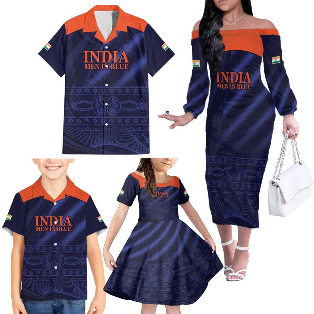 Custom India Cricket Family Matching Off The Shoulder Long Sleeve Dress and Hawaiian Shirt Go Men In Blue Sporty Version