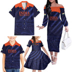 Custom India Cricket Family Matching Off The Shoulder Long Sleeve Dress and Hawaiian Shirt Go Men In Blue Sporty Version