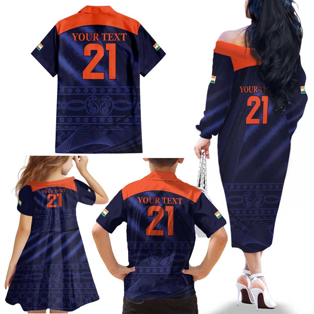 Custom India Cricket Family Matching Off The Shoulder Long Sleeve Dress and Hawaiian Shirt Go Men In Blue Sporty Version