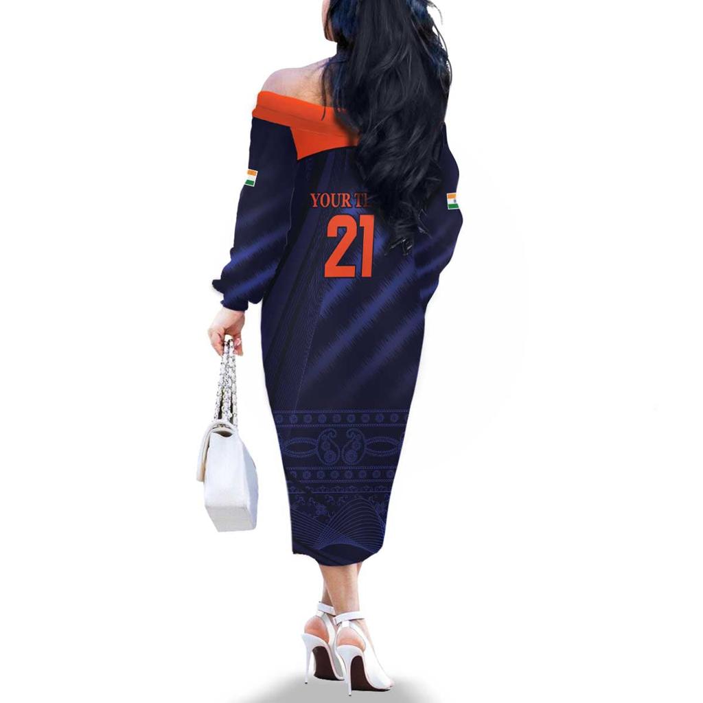 Custom India Cricket Family Matching Off The Shoulder Long Sleeve Dress and Hawaiian Shirt Go Men In Blue Sporty Version