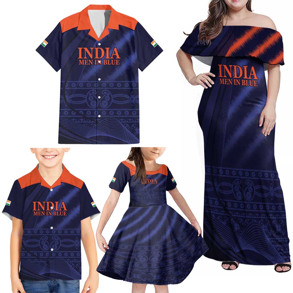Custom India Cricket Family Matching Off Shoulder Maxi Dress and Hawaiian Shirt Go Men In Blue Sporty Version