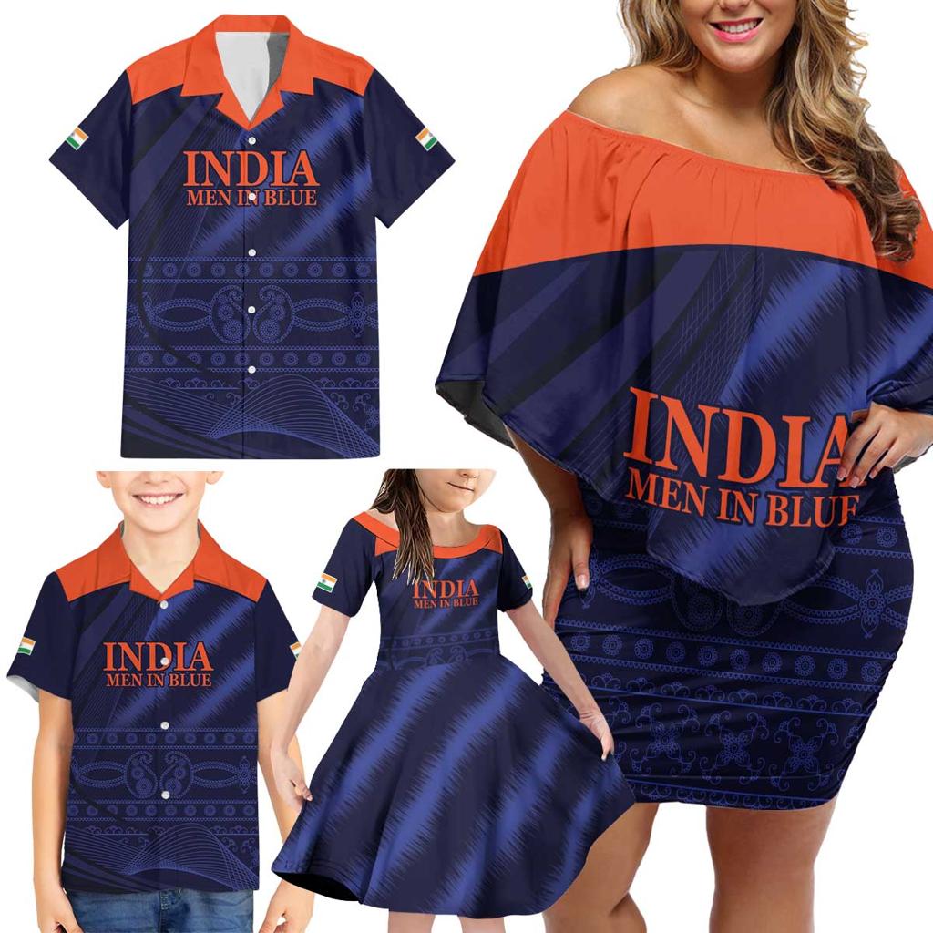 Custom India Cricket Family Matching Off Shoulder Short Dress and Hawaiian Shirt Go Men In Blue Sporty Version