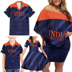 Custom India Cricket Family Matching Off Shoulder Short Dress and Hawaiian Shirt Go Men In Blue Sporty Version