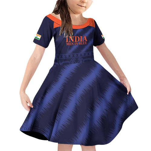 Custom India Cricket Family Matching Off Shoulder Short Dress and Hawaiian Shirt Go Men In Blue Sporty Version