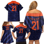 Custom India Cricket Family Matching Off Shoulder Short Dress and Hawaiian Shirt Go Men In Blue Sporty Version