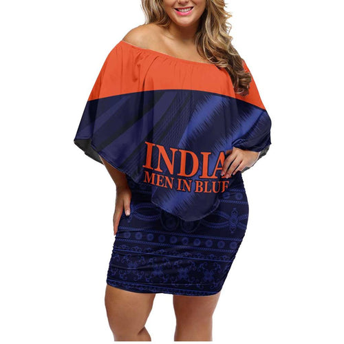 Custom India Cricket Family Matching Off Shoulder Short Dress and Hawaiian Shirt Go Men In Blue Sporty Version