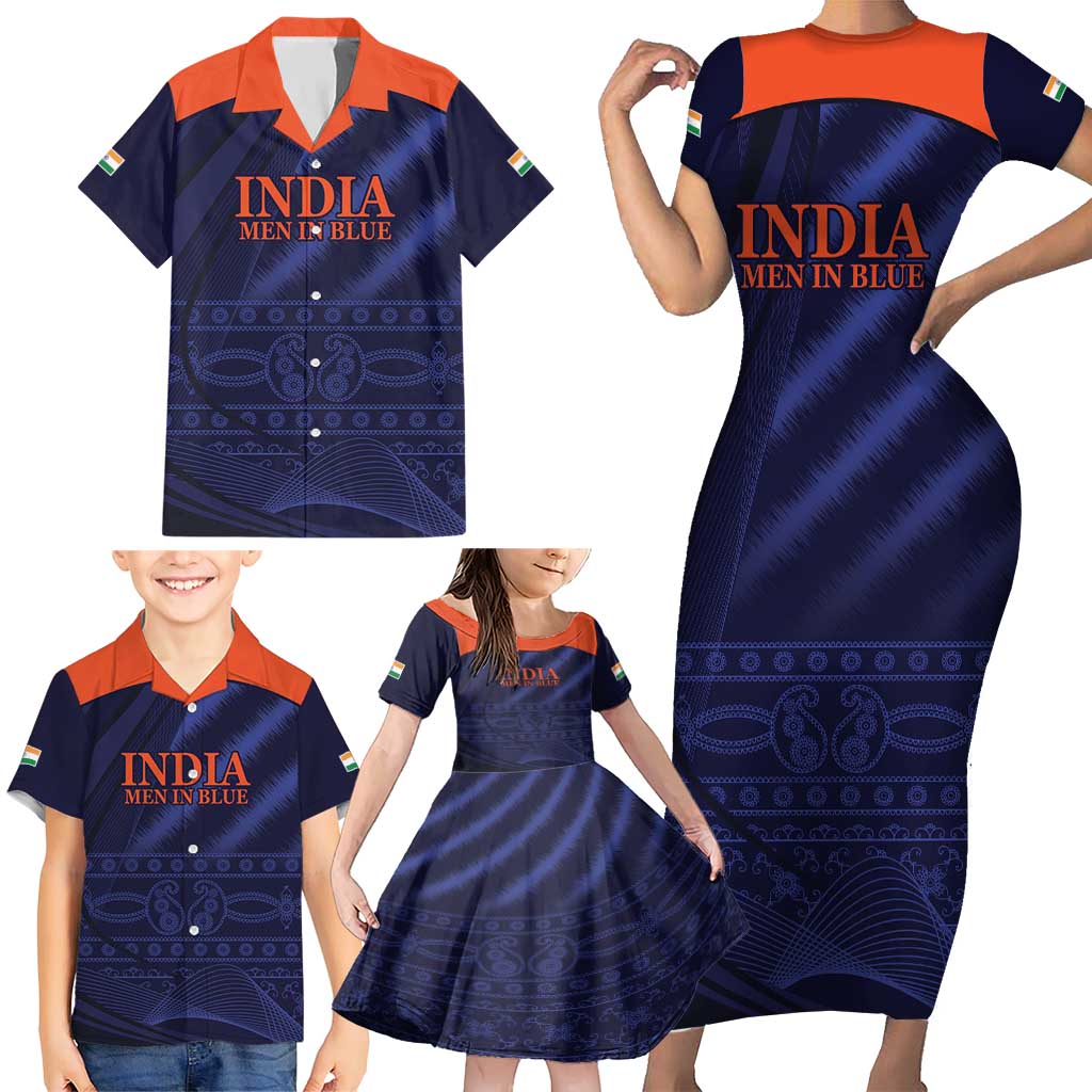 Custom India Cricket Family Matching Short Sleeve Bodycon Dress and Hawaiian Shirt Go Men In Blue Sporty Version