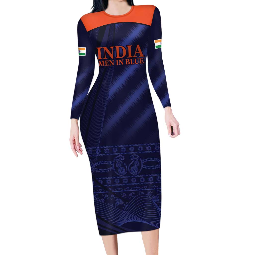 Custom India Cricket Long Sleeve Bodycon Dress Go Men In Blue Sporty Version