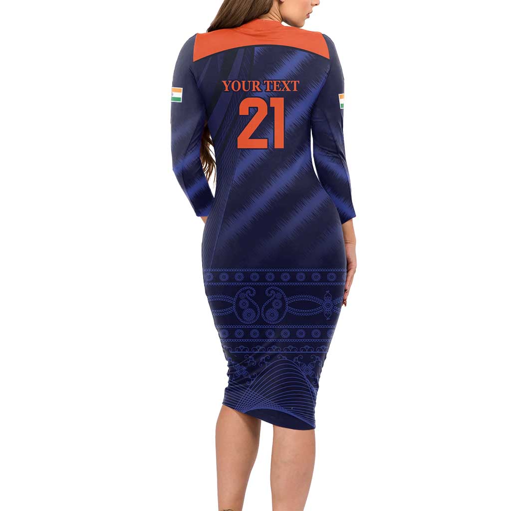 Custom India Cricket Long Sleeve Bodycon Dress Go Men In Blue Sporty Version