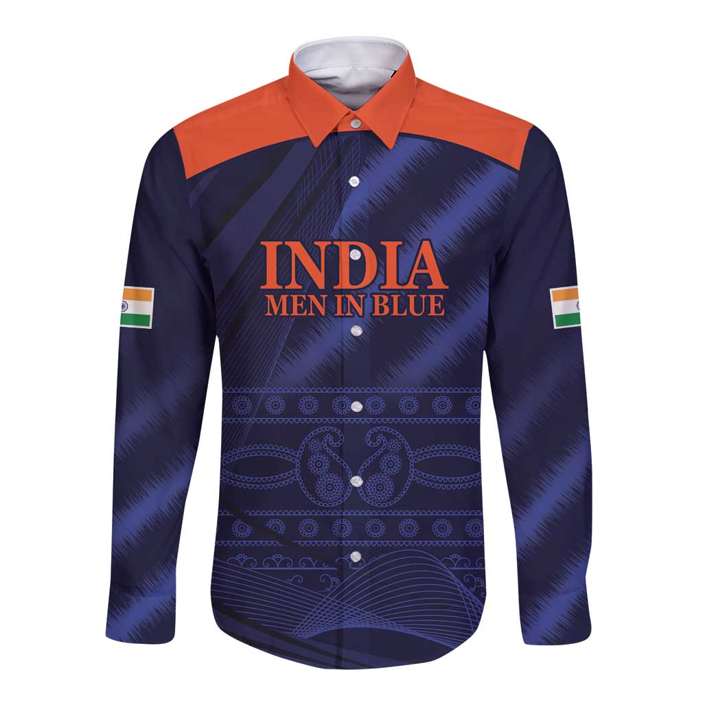 Custom India Cricket Long Sleeve Button Shirt Go Men In Blue Sporty Version