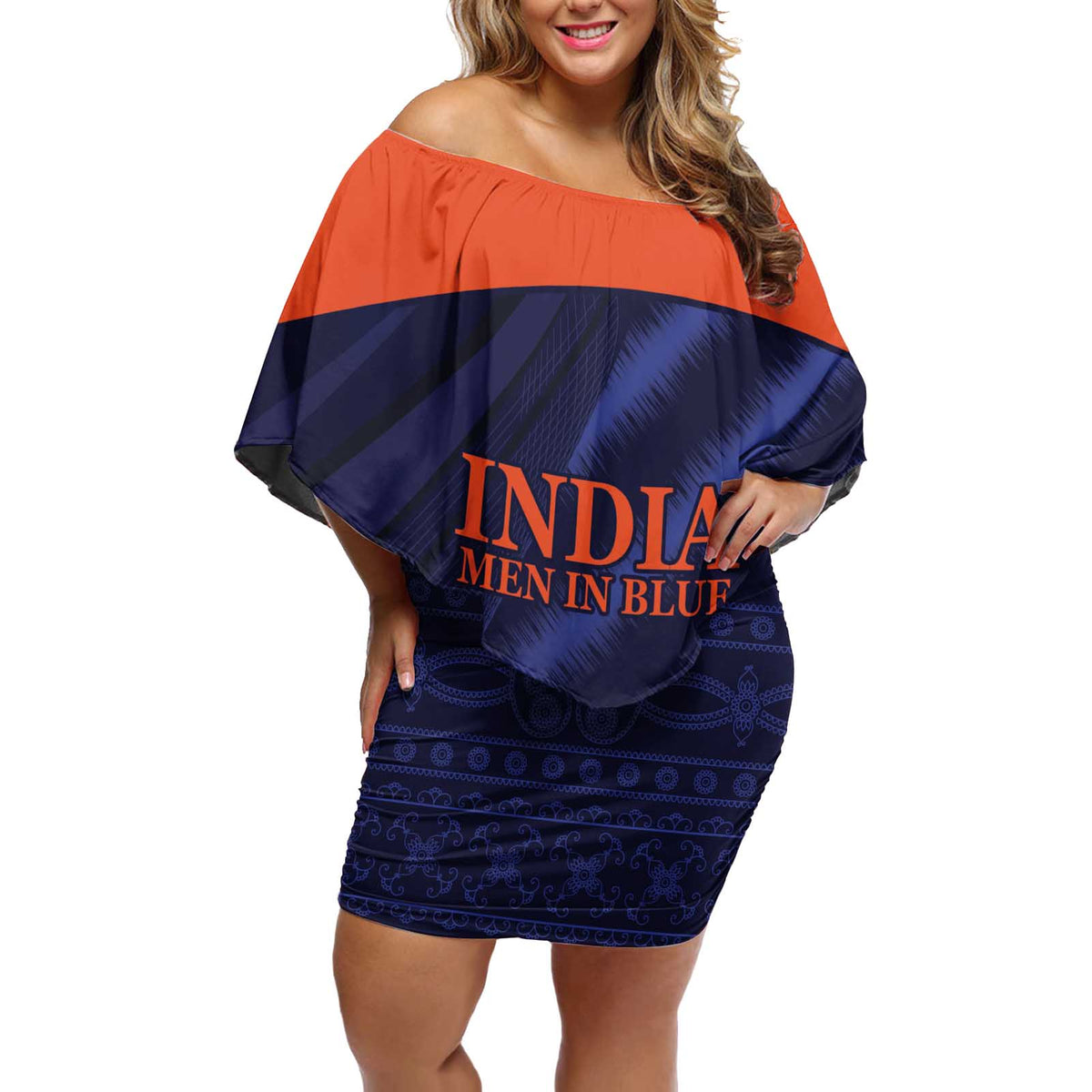 Custom India Cricket Off Shoulder Short Dress Go Men In Blue Sporty Version