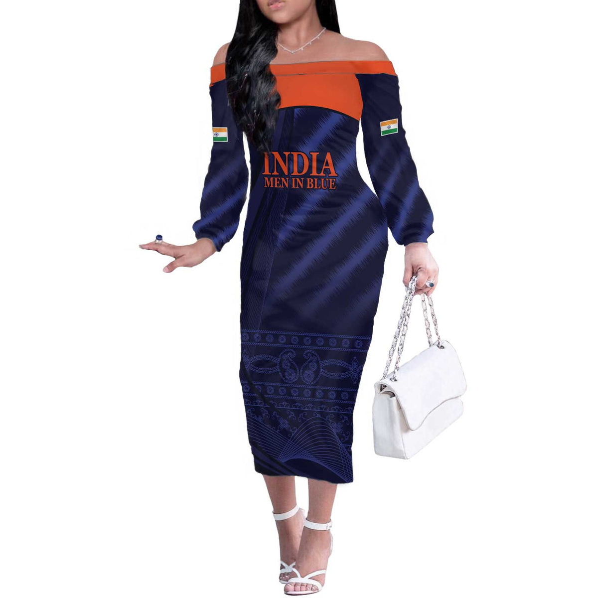 Custom India Cricket Off The Shoulder Long Sleeve Dress Go Men In Blue Sporty Version