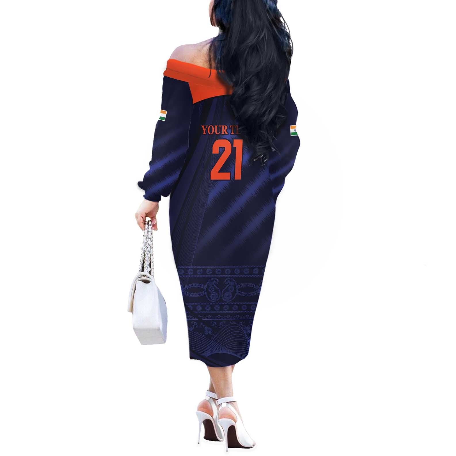 Custom India Cricket Off The Shoulder Long Sleeve Dress Go Men In Blue Sporty Version