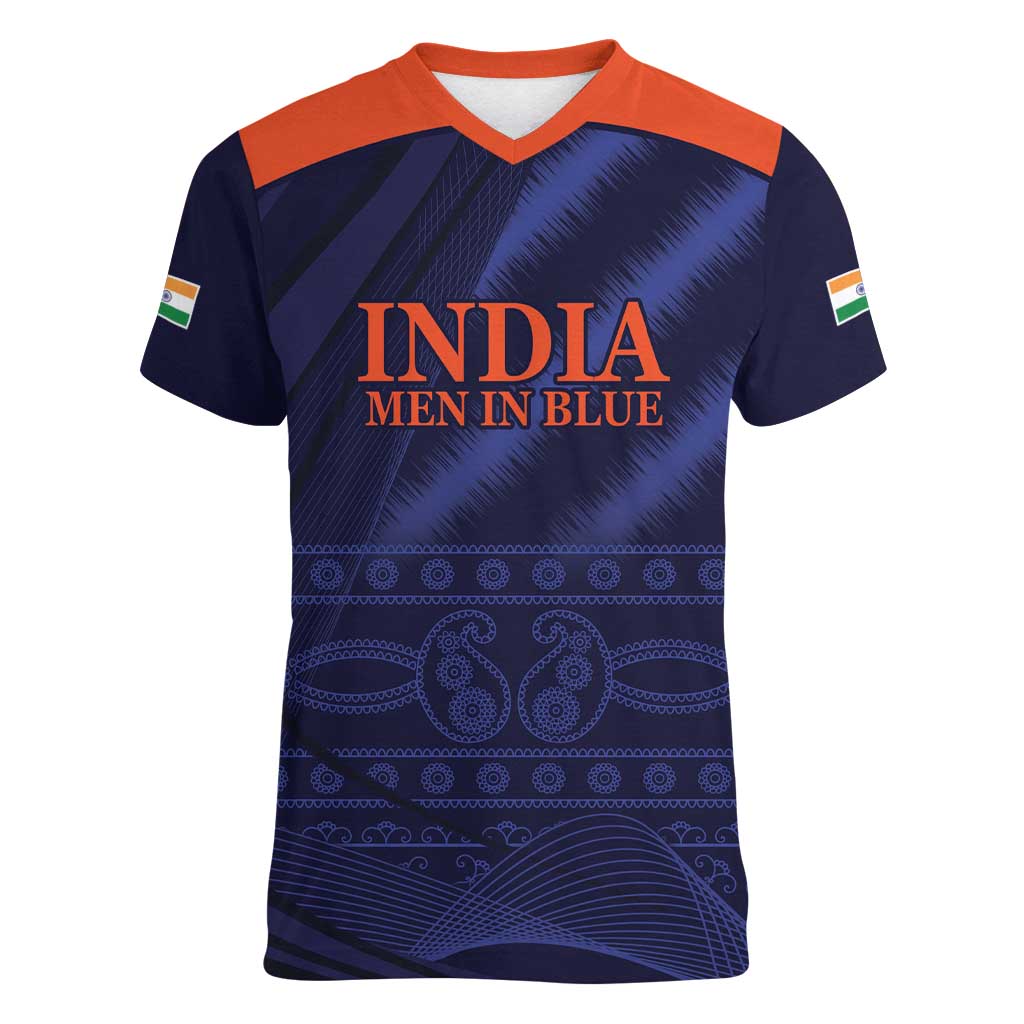 Custom India Cricket Women V-Neck T-Shirt Go Men In Blue Sporty Version