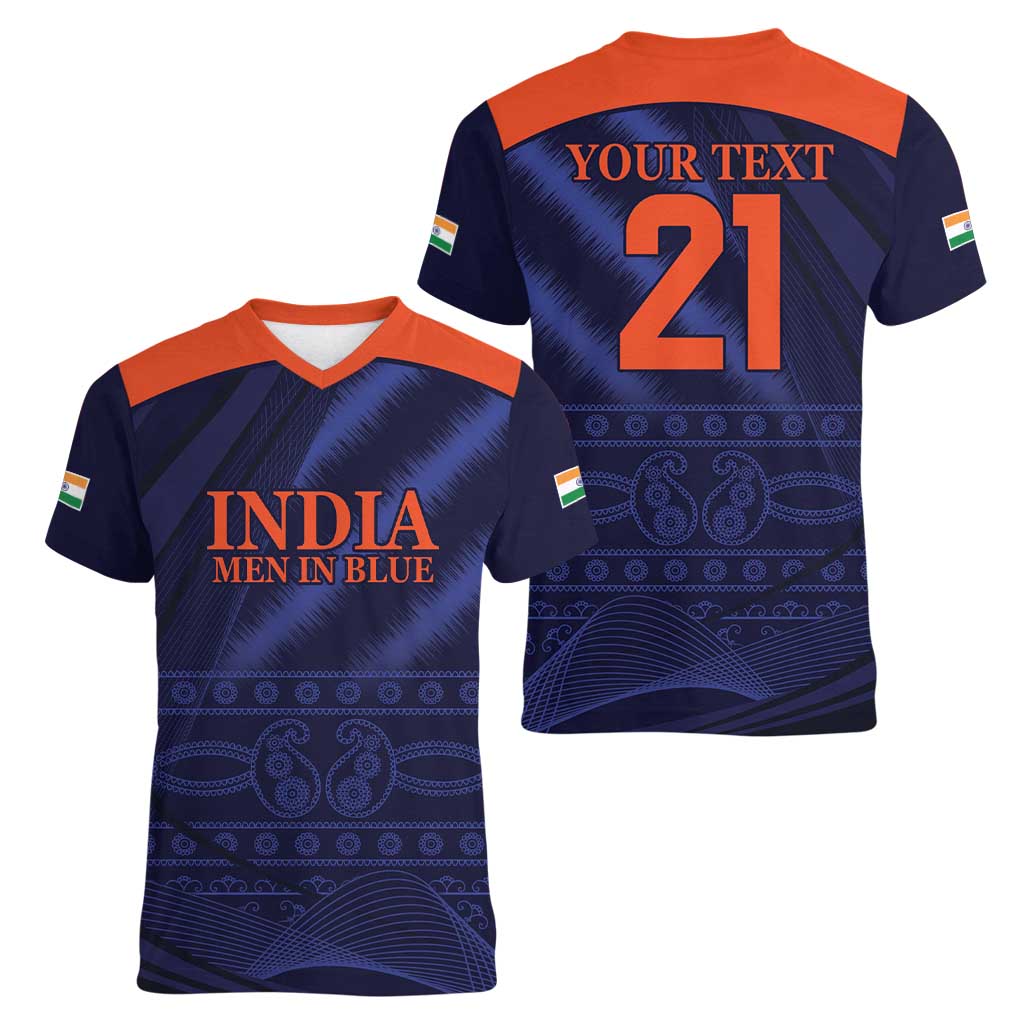 Custom India Cricket Women V-Neck T-Shirt Go Men In Blue Sporty Version