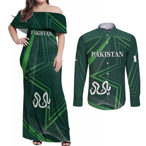 Custom Pakistan Cricket Couples Matching Off Shoulder Maxi Dress and Long Sleeve Button Shirt Go Shaheens Sporty Version