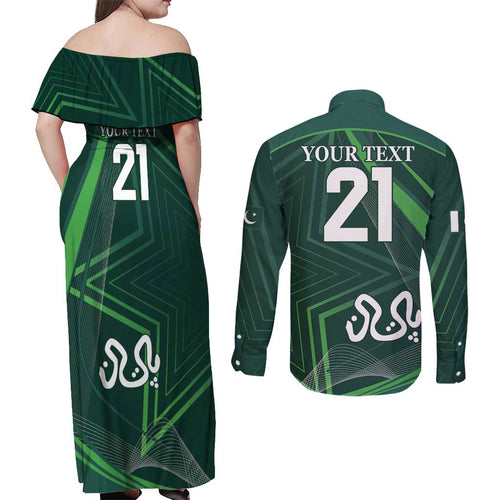 Custom Pakistan Cricket Couples Matching Off Shoulder Maxi Dress and Long Sleeve Button Shirt Go Shaheens Sporty Version