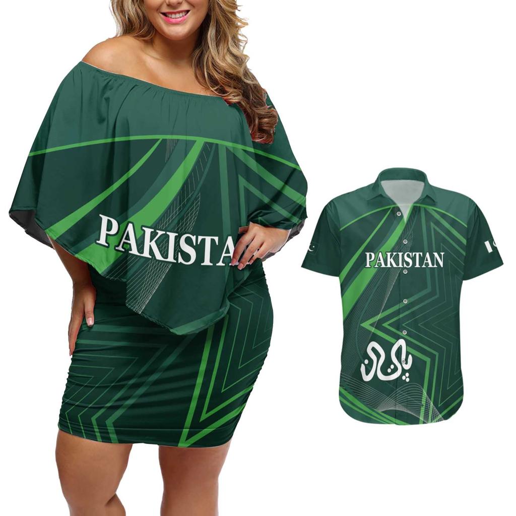 Custom Pakistan Cricket Couples Matching Off Shoulder Short Dress and Hawaiian Shirt Go Shaheens Sporty Version