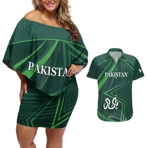 Custom Pakistan Cricket Couples Matching Off Shoulder Short Dress and Hawaiian Shirt Go Shaheens Sporty Version
