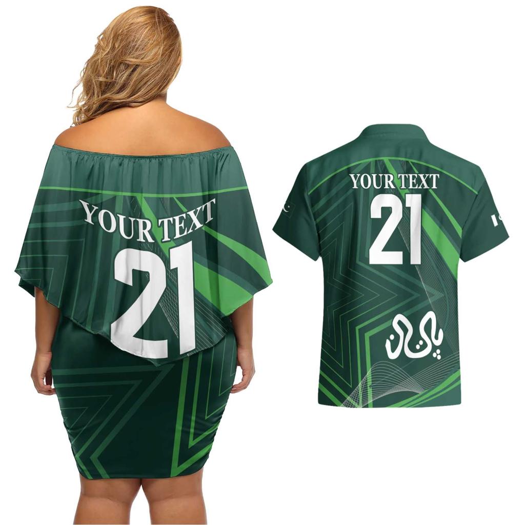 Custom Pakistan Cricket Couples Matching Off Shoulder Short Dress and Hawaiian Shirt Go Shaheens Sporty Version