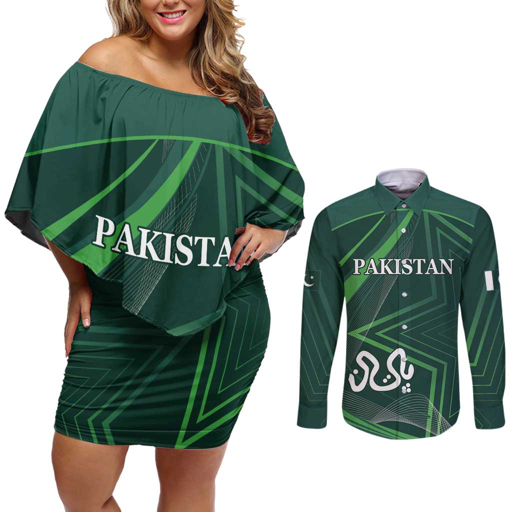 Custom Pakistan Cricket Couples Matching Off Shoulder Short Dress and Long Sleeve Button Shirt Go Shaheens Sporty Version