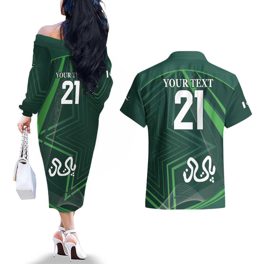 Custom Pakistan Cricket Couples Matching Off The Shoulder Long Sleeve Dress and Hawaiian Shirt Go Shaheens Sporty Version