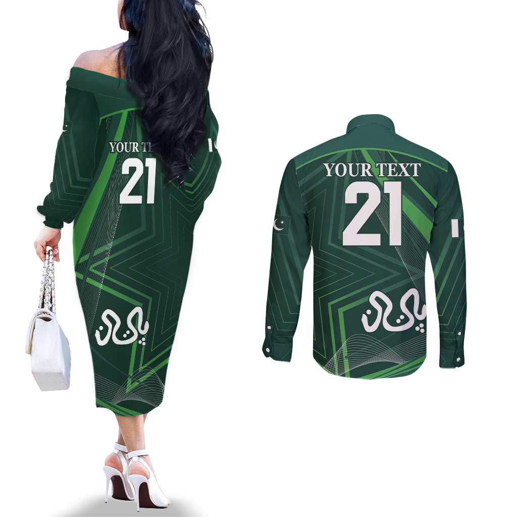 Custom Pakistan Cricket Couples Matching Off The Shoulder Long Sleeve Dress and Long Sleeve Button Shirt Go Shaheens Sporty Version