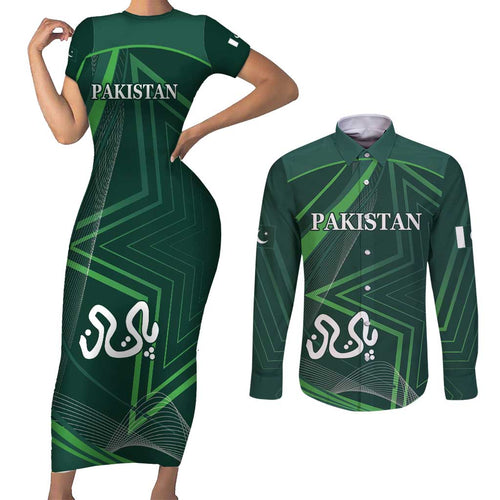 Custom Pakistan Cricket Couples Matching Short Sleeve Bodycon Dress and Long Sleeve Button Shirt Go Shaheens Sporty Version