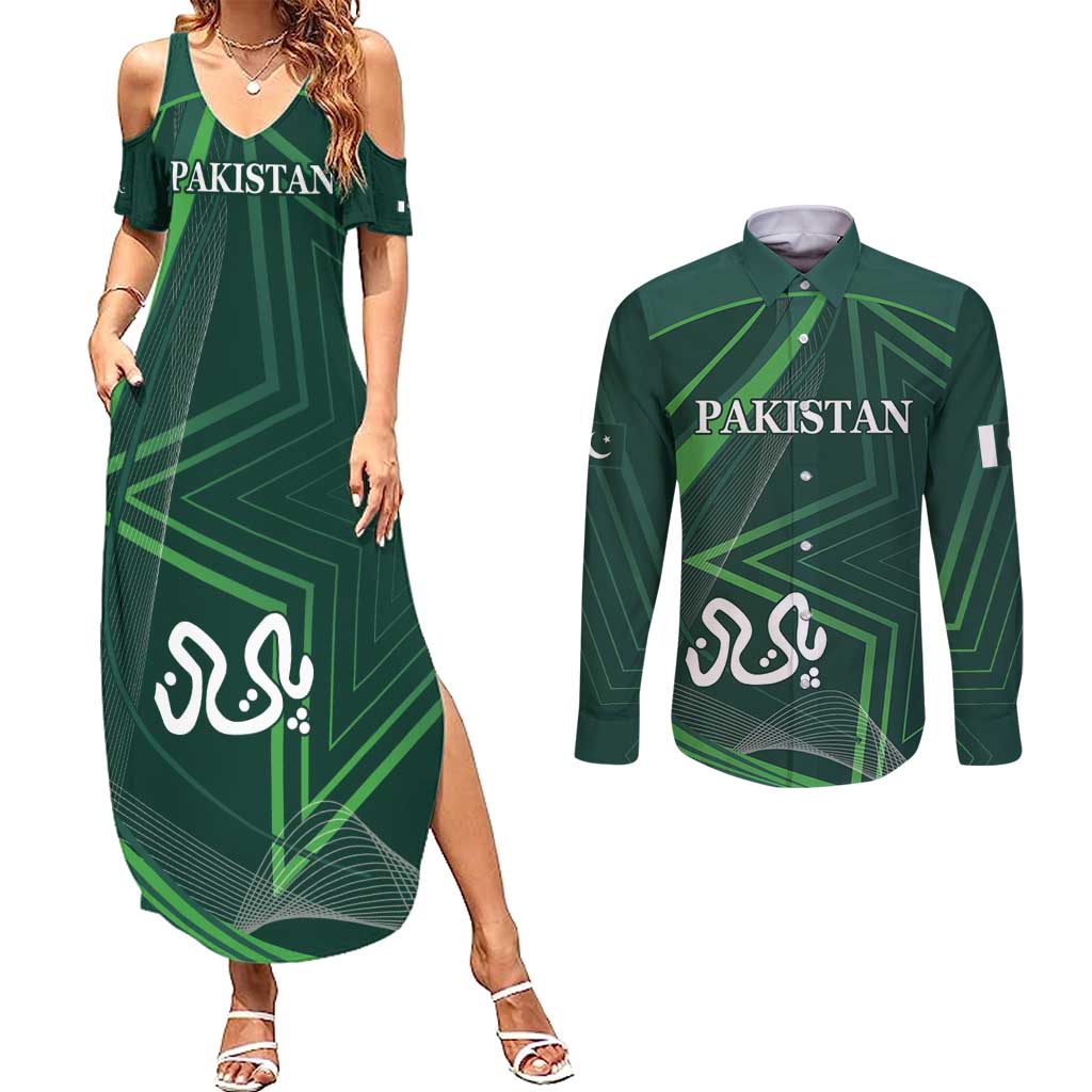 Custom Pakistan Cricket Couples Matching Summer Maxi Dress and Long Sleeve Button Shirt Go Shaheens Sporty Version