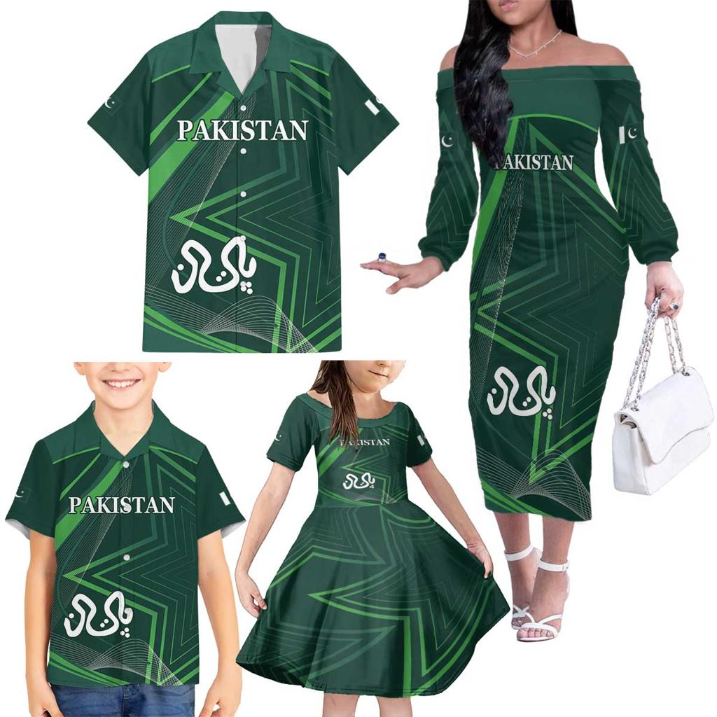 Custom Pakistan Cricket Family Matching Off The Shoulder Long Sleeve Dress and Hawaiian Shirt Go Shaheens Sporty Version