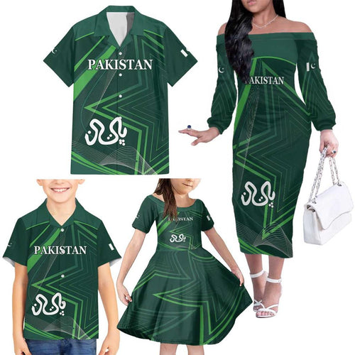 Custom Pakistan Cricket Family Matching Off The Shoulder Long Sleeve Dress and Hawaiian Shirt Go Shaheens Sporty Version