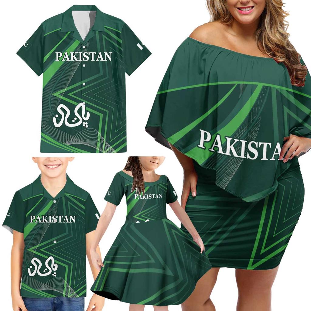 Custom Pakistan Cricket Family Matching Off Shoulder Short Dress and Hawaiian Shirt Go Shaheens Sporty Version