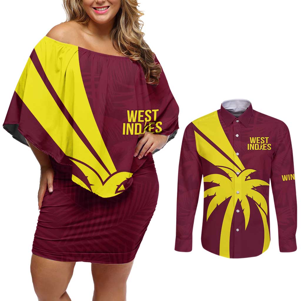 Custom West Indies Cricket Couples Matching Off Shoulder Short Dress and Long Sleeve Button Shirt Go Windies Sporty Version
