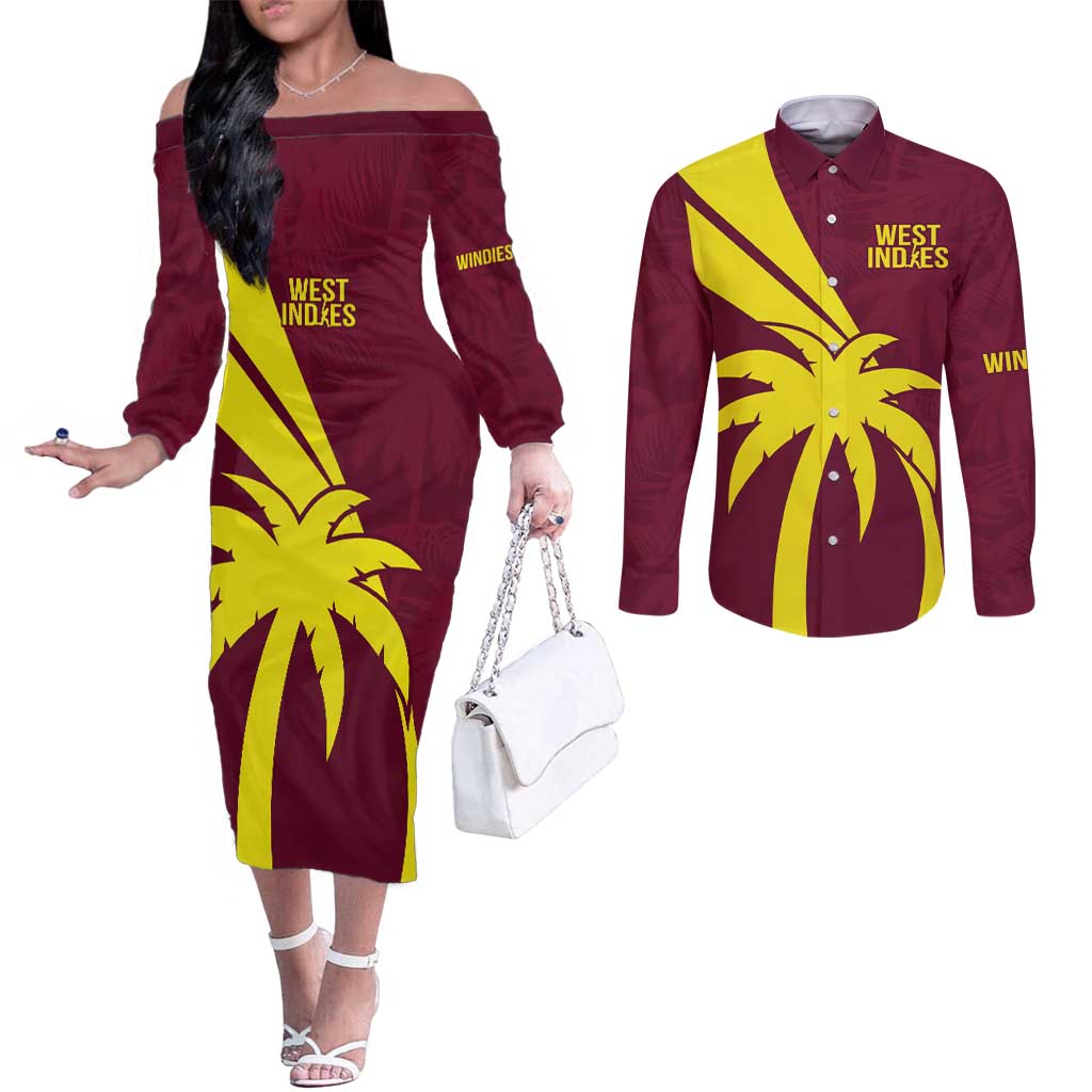 Custom West Indies Cricket Couples Matching Off The Shoulder Long Sleeve Dress and Long Sleeve Button Shirt Go Windies Sporty Version