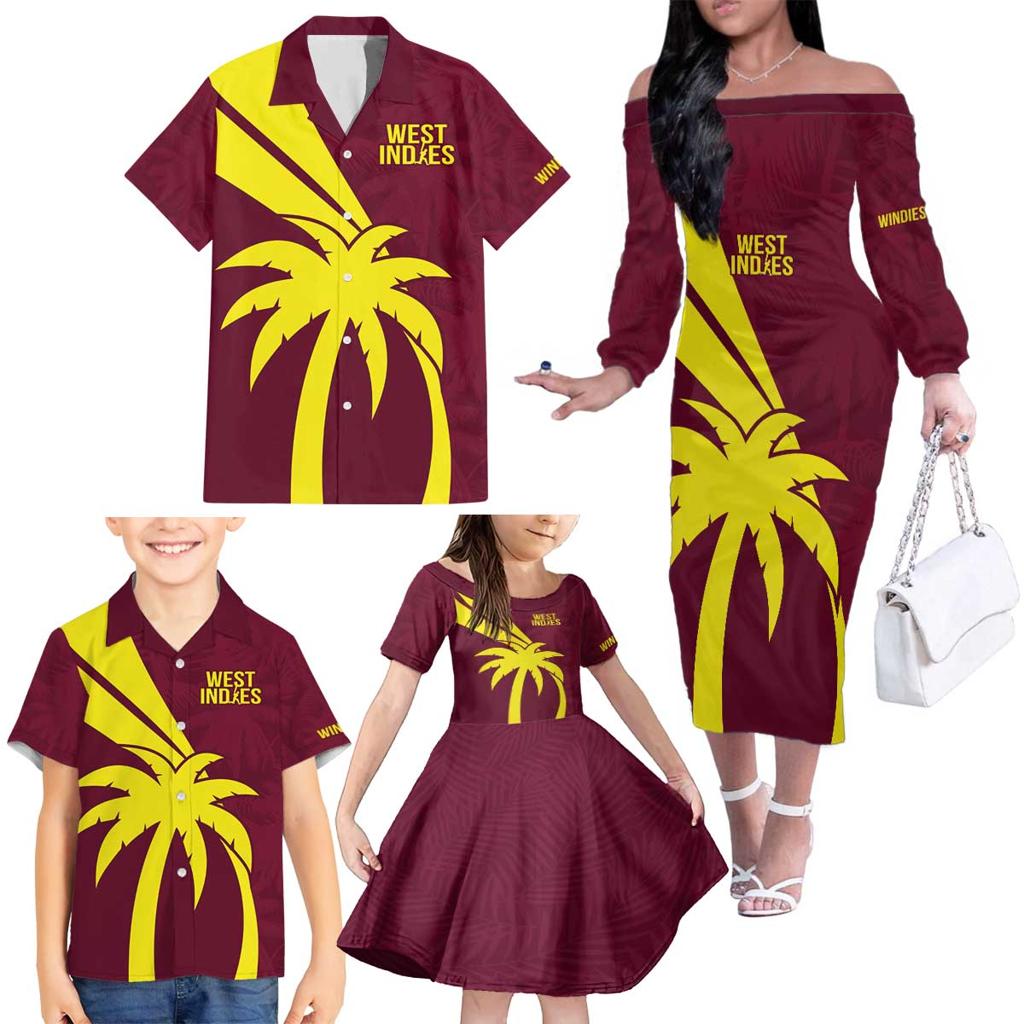 Custom West Indies Cricket Family Matching Off The Shoulder Long Sleeve Dress and Hawaiian Shirt Go Windies Sporty Version