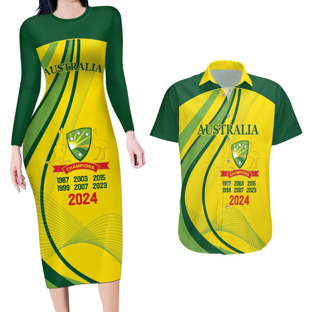 Australia Cricket World Cup 2024 Couples Matching Long Sleeve Bodycon Dress and Hawaiian Shirt Aussie Make Champions