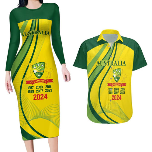 Australia Cricket World Cup 2024 Couples Matching Long Sleeve Bodycon Dress and Hawaiian Shirt Aussie Make Champions