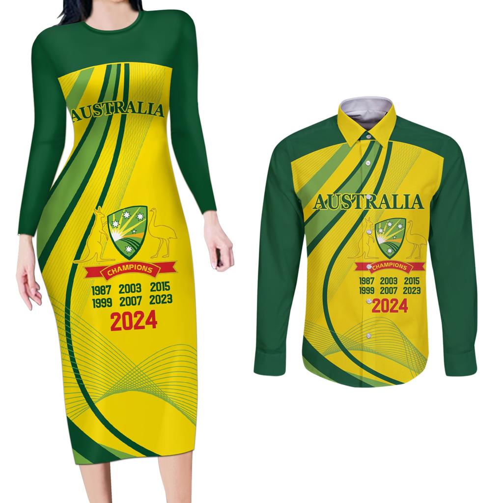 Australia Cricket World Cup 2024 Couples Matching Long Sleeve Bodycon Dress and Long Sleeve Button Shirt Aussie Make Champions