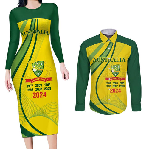 Australia Cricket World Cup 2024 Couples Matching Long Sleeve Bodycon Dress and Long Sleeve Button Shirt Aussie Make Champions