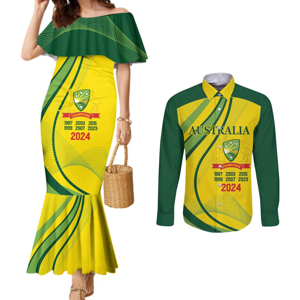 Australia Cricket World Cup 2024 Couples Matching Mermaid Dress and Long Sleeve Button Shirt Aussie Make Champions