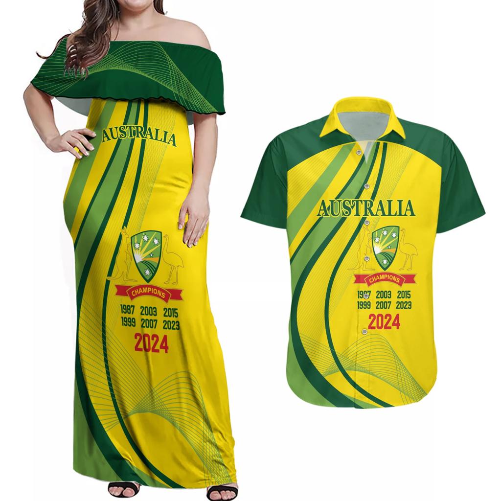 Australia Cricket World Cup 2024 Couples Matching Off Shoulder Maxi Dress and Hawaiian Shirt Aussie Make Champions