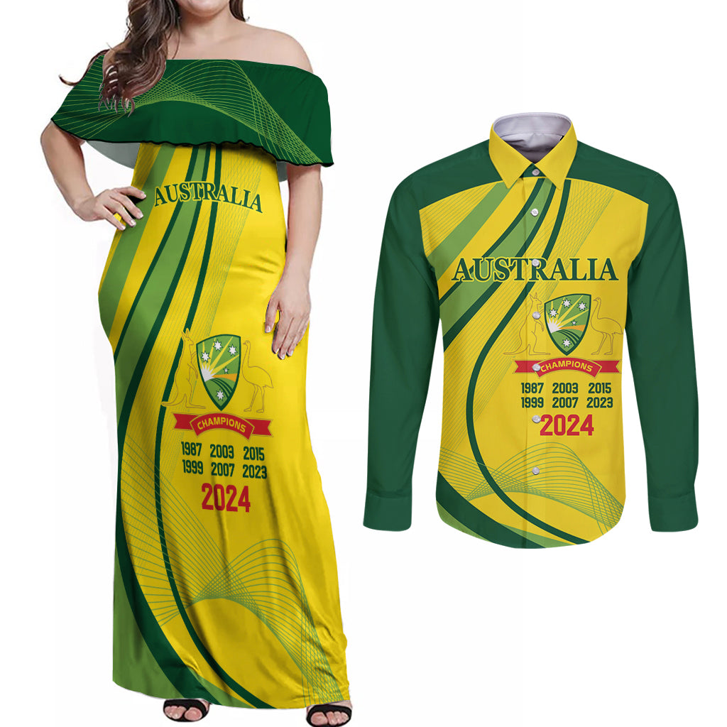 Australia Cricket World Cup 2024 Couples Matching Off Shoulder Maxi Dress and Long Sleeve Button Shirt Aussie Make Champions
