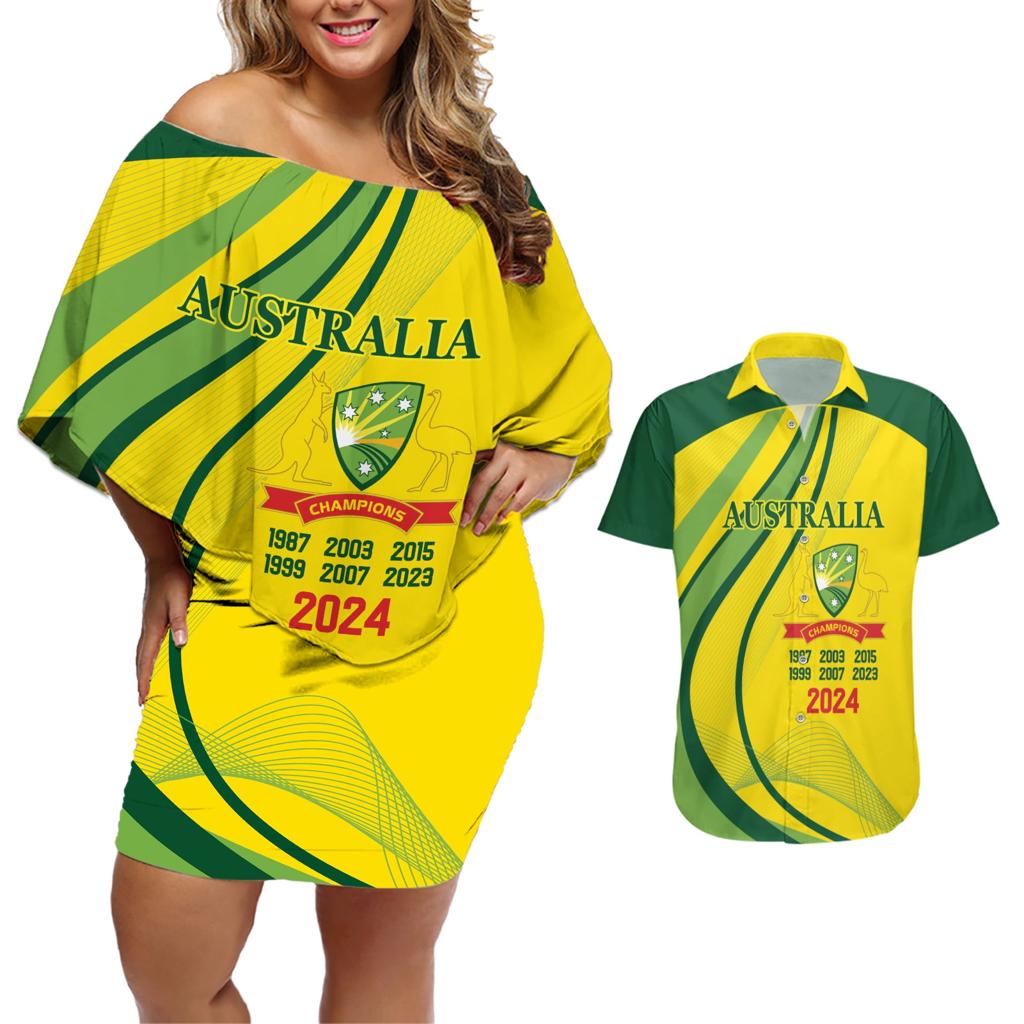 Australia Cricket World Cup 2024 Couples Matching Off Shoulder Short Dress and Hawaiian Shirt Aussie Make Champions
