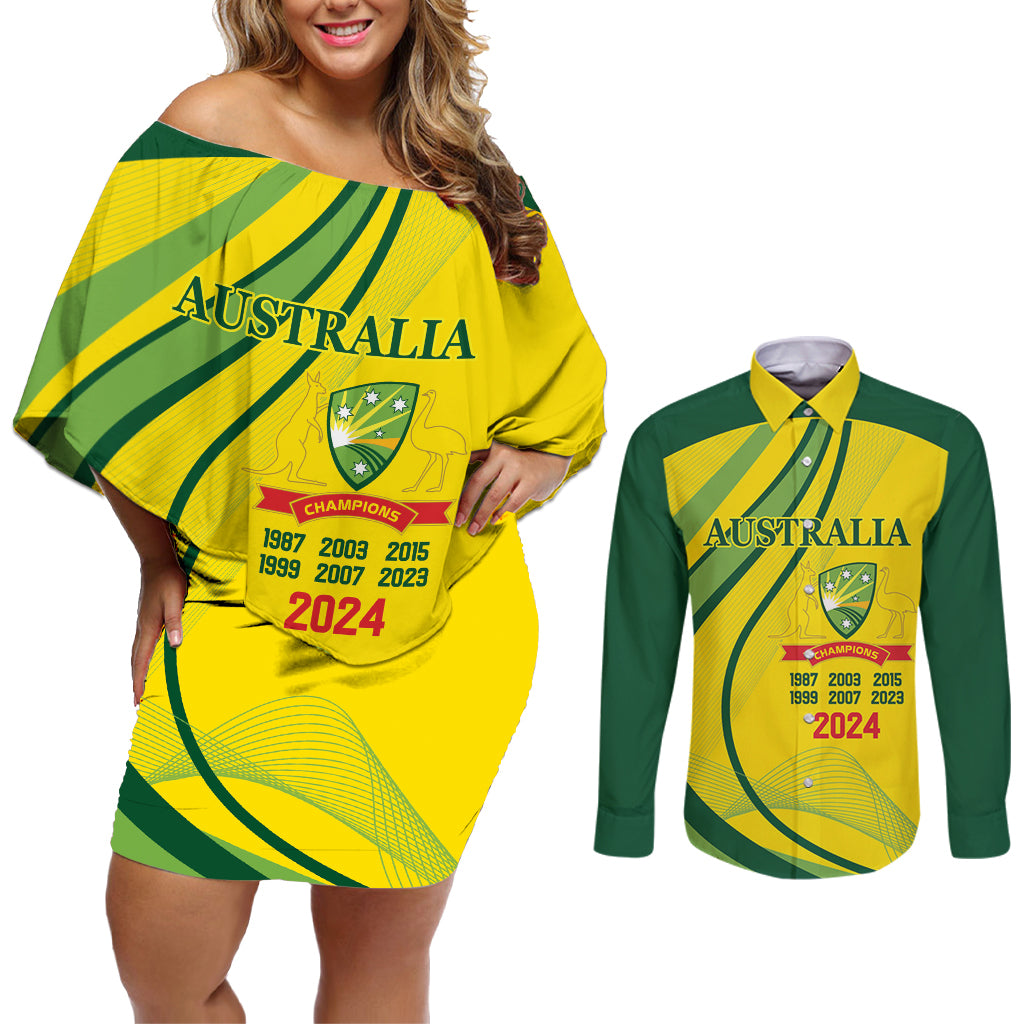 Australia Cricket World Cup 2024 Couples Matching Off Shoulder Short Dress and Long Sleeve Button Shirt Aussie Make Champions