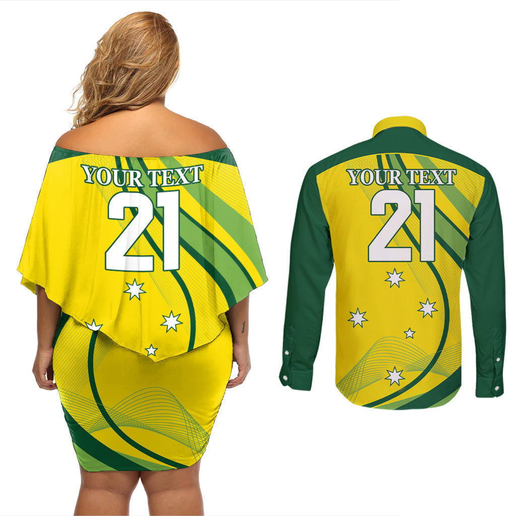 Australia Cricket World Cup 2024 Couples Matching Off Shoulder Short Dress and Long Sleeve Button Shirt Aussie Make Champions