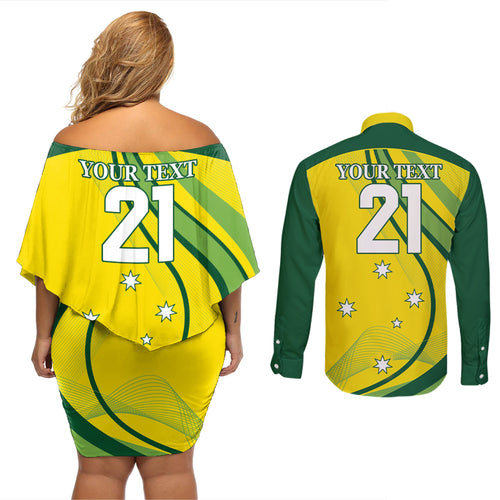 Australia Cricket World Cup 2024 Couples Matching Off Shoulder Short Dress and Long Sleeve Button Shirt Aussie Make Champions