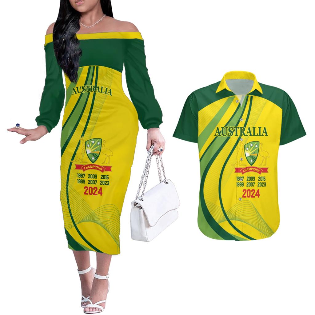 Australia Cricket World Cup 2024 Couples Matching Off The Shoulder Long Sleeve Dress and Hawaiian Shirt Aussie Make Champions